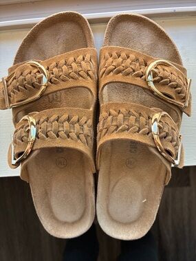 Braided Double-Buckle Suede Slide Sandals - Tan
